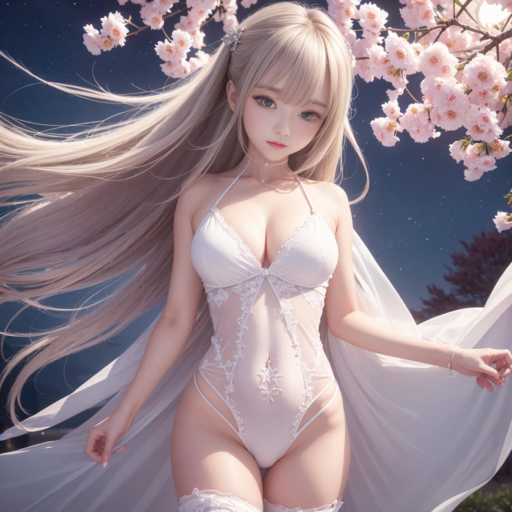 loose outfit、Show shoulders、Navel Ejection、暗いsee -throughホルターネックが壊れたガウンの着用方法、Decorated with intricate patterns and pastel colors、Transparent material that makes the skin shine、Artistic depiction of seductive woman in gown with wet thin cloth and transparent skin, 流れるような絹のような伝統的なsee -through肌を持つ花柄で幻想的なパターン。Her dress draped elegantly around her curvaceous figure、Emphasizes her charming silhouette。She's a gentle fireworks night、Dynamic Posing、A sexyポージング、bathed in the soft glow of moonlight。The scene is、With a hint of mystery and sensuality、It exudes an ethereal dreamy atmosphere。The image style is、Eau彩画とデジタルイラストレーションのテクニックのブレンドを取り入れています.、It makes you feel delicate beauty and charm。Soft moonlit lighting、Cast gentle highlights and shadows on her mesmerizing features。Dynamic Posing、Bold poses、The hand is somewhere、see -through、show through、A sexy、Eauにぬれて hair、Eauにぬれて、petals under the cherry blossoms、cherryblossom、The cherry tree、Sakura blizzard、buried、Transparent skin、Eauにぬれて clothes、Chest Pulling、Translucent clothes、Eau、nudde、Garter Belt Fishnet Tights、huge moon、Upper body photography、masutepiece