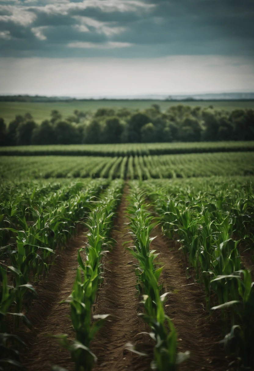 a wide-angle shot of a vast cornfield, showcasing the rows of tall, vibrant green stalks as they stretch into the distance