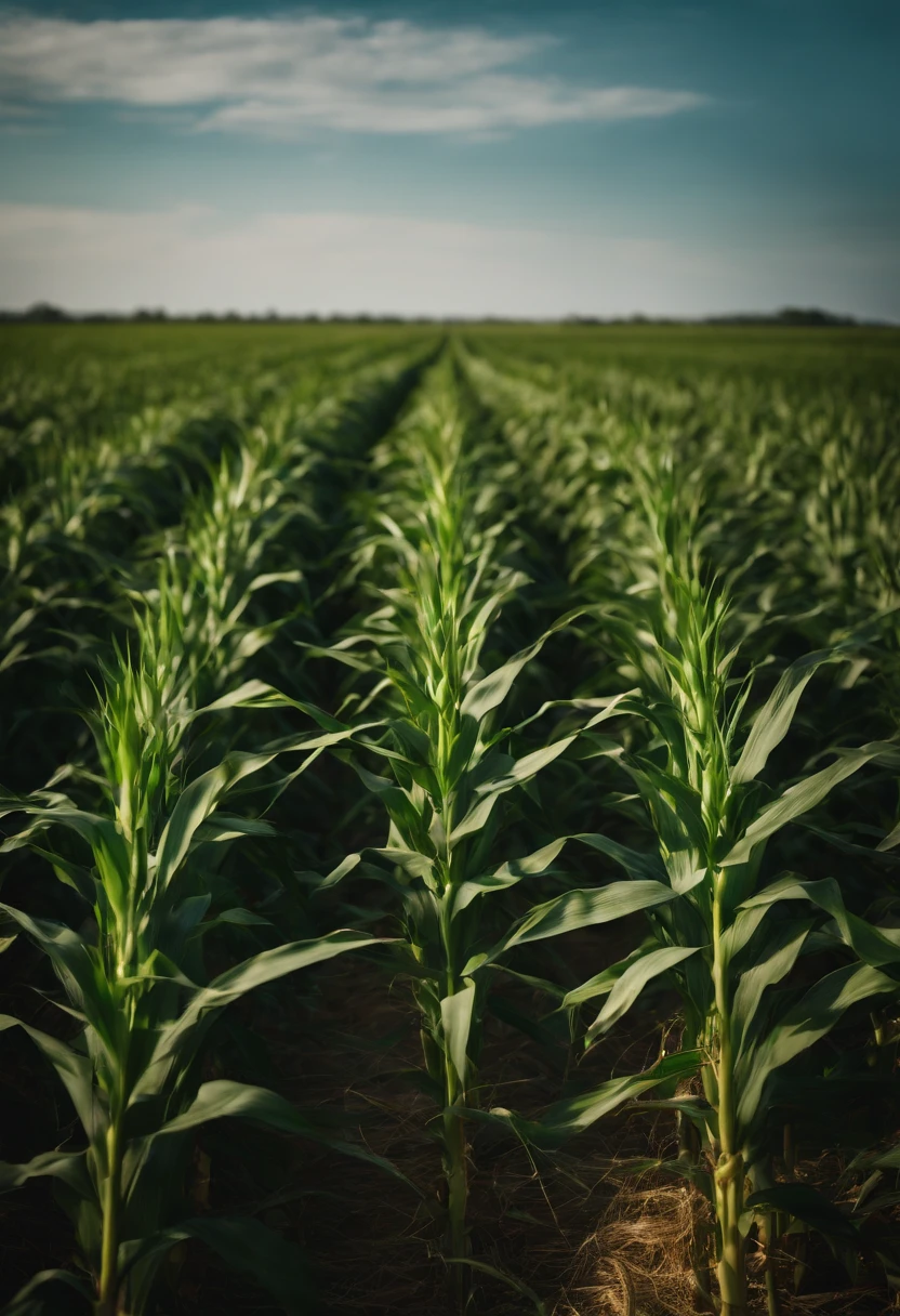 a wide-angle shot of a vast cornfield, showcasing the rows of tall, vibrant green stalks as they stretch into the distance