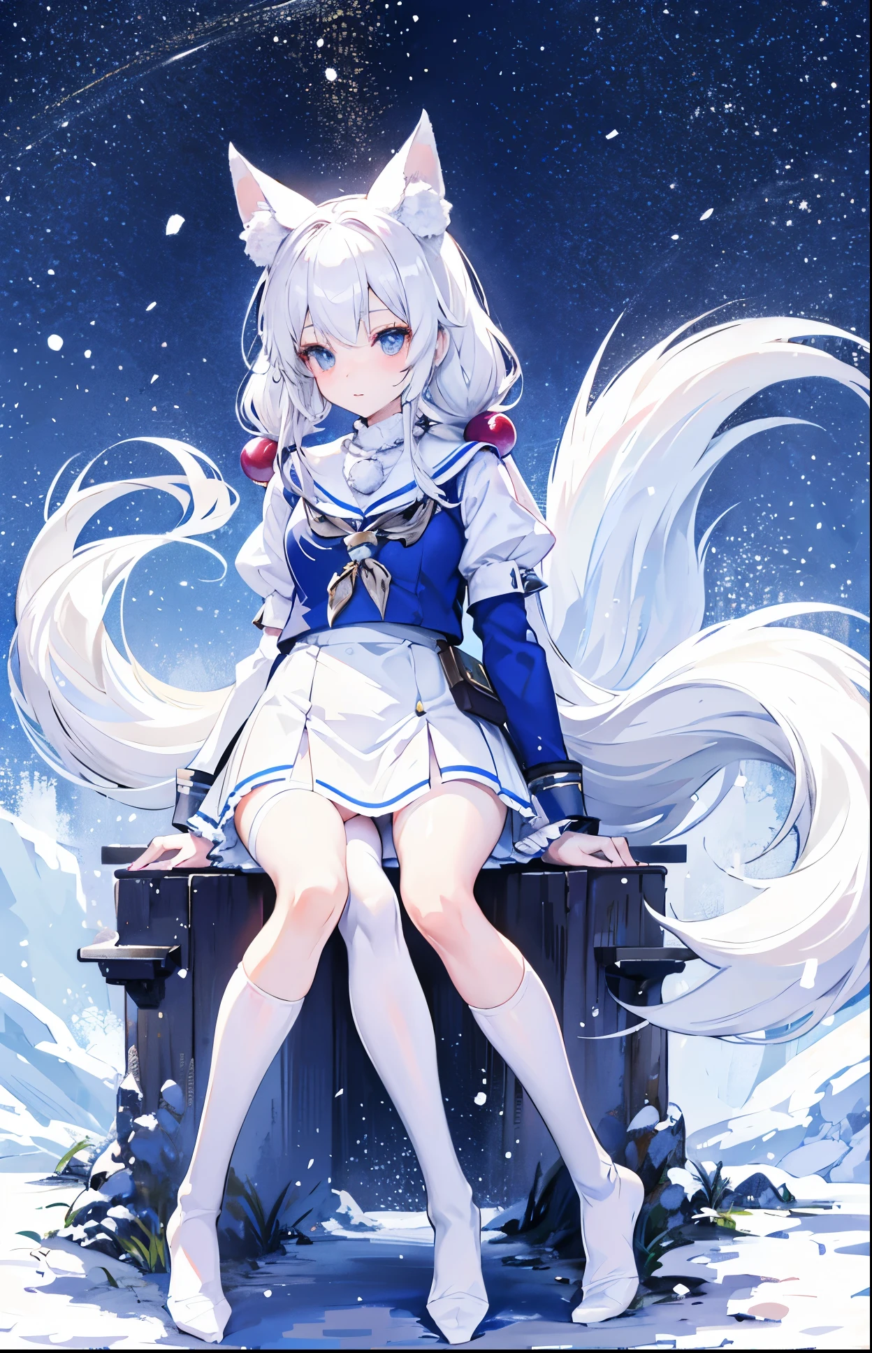 Snowball twintails，White skin of the，With silver necklace，Over-the-knee white socks，Snowy fox ears，Snow white fox tail，JK Uniform