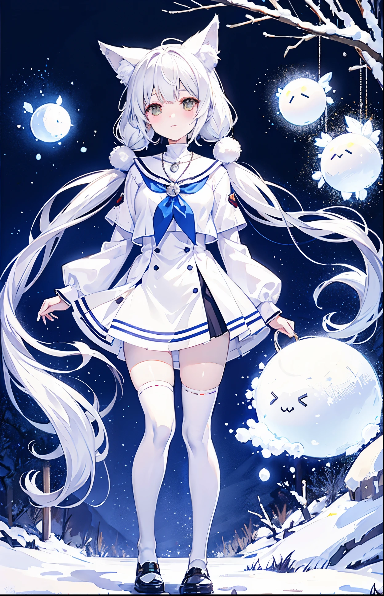 Snowball twintails,White skin of the,With silver necklace,Over-the-knee white socks,Snowy fox ears,Snow white fox tail,JK Uniform