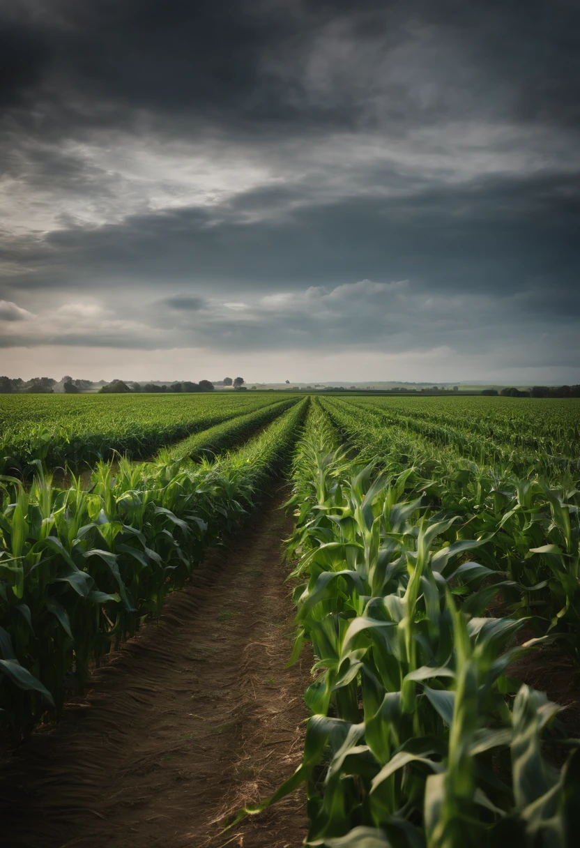 a wide-angle shot of a vast cornfield, showcasing the rows of tall, vibrant green stalks as they stretch into the distance