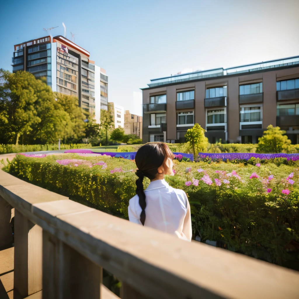 bare、女の子1人、a matural female、vests、the bow、a picture、逼真、top-quality、adopt、A detailed face、s Office、Building from the window、细致背景、Diffused sunlight、depth of fields、Bokeh