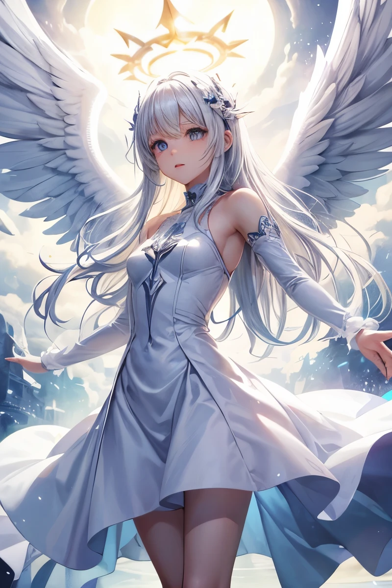 Angel archon, white dress, white hair, floating, arms open, white wings, bright halo, top lighting, shadows, multiple arms, god like, super detailed, eyeballs, multiple eyes