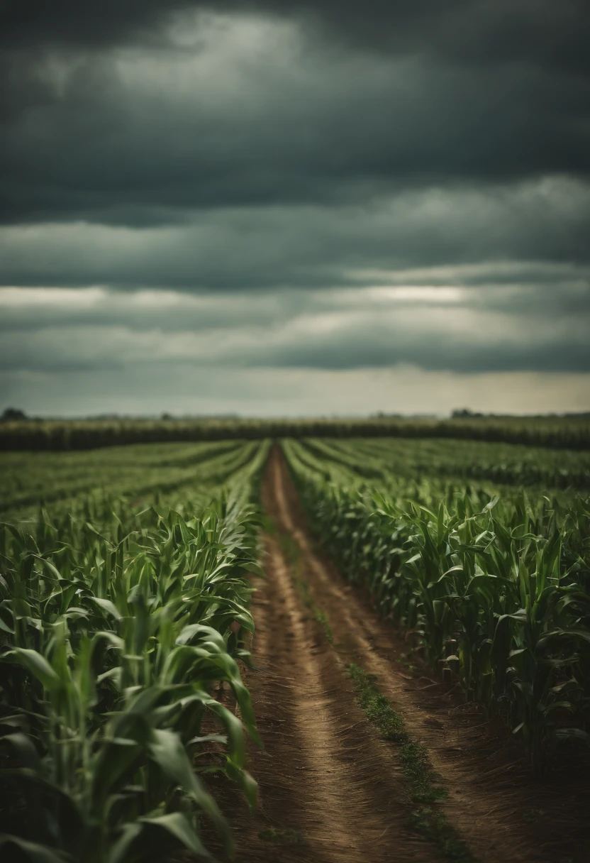 a wide-angle shot of a vast cornfield, showcasing the rows of tall, vibrant green stalks as they stretch into the distance