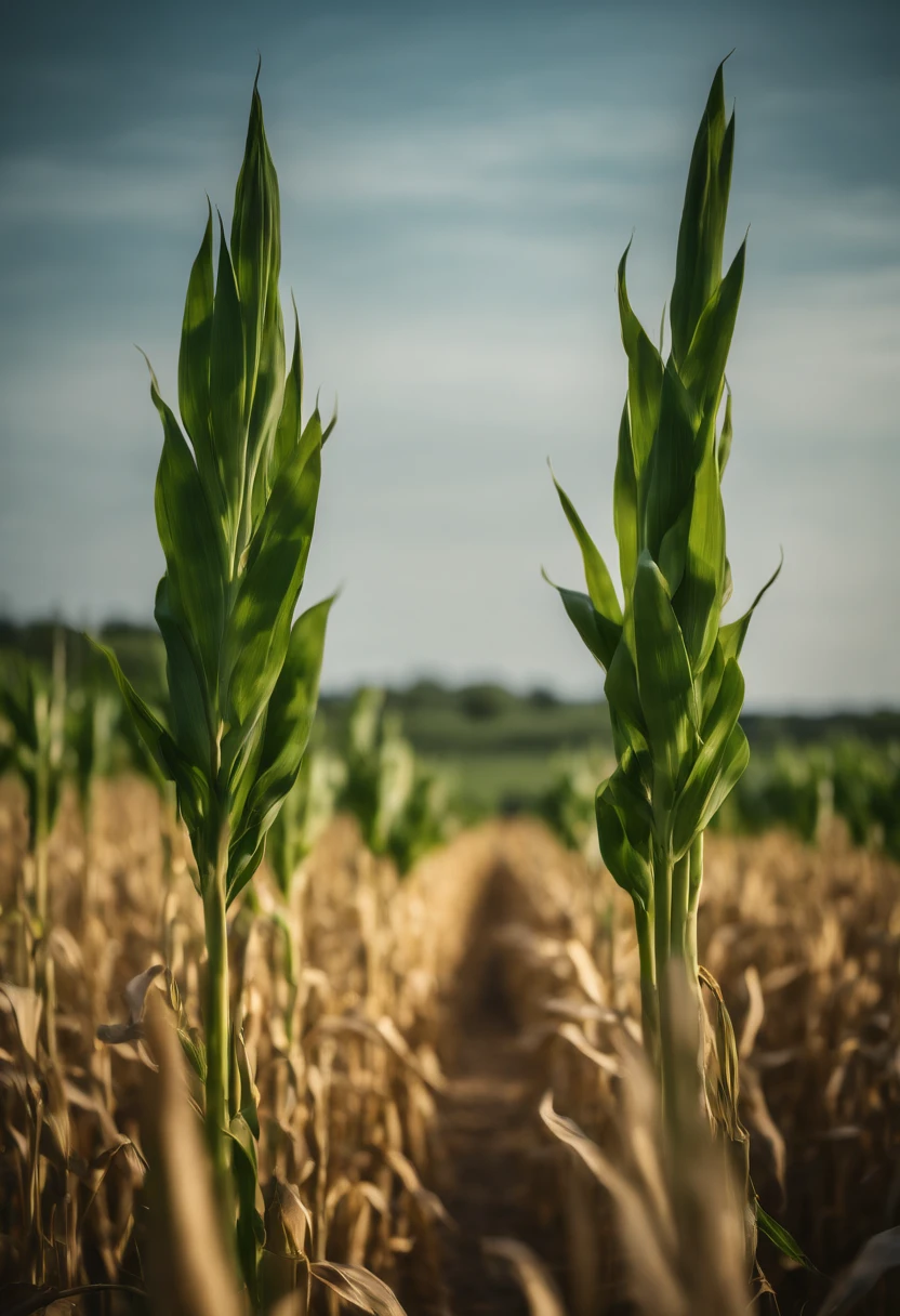 a wide-angle shot of a vast cornfield, showcasing the rows of tall, vibrant green stalks as they stretch into the distance
