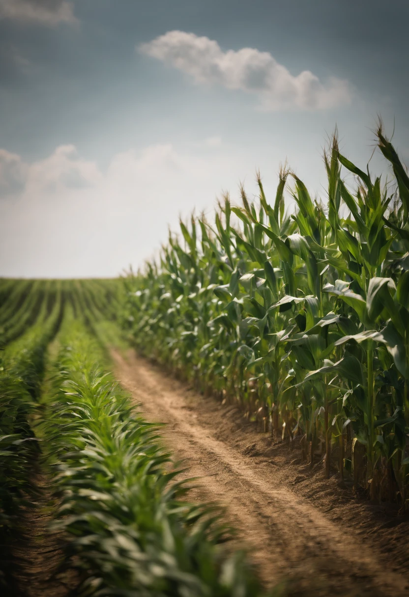 a wide-angle shot of a vast cornfield, showcasing the rows of tall, vibrant green stalks as they stretch into the distance