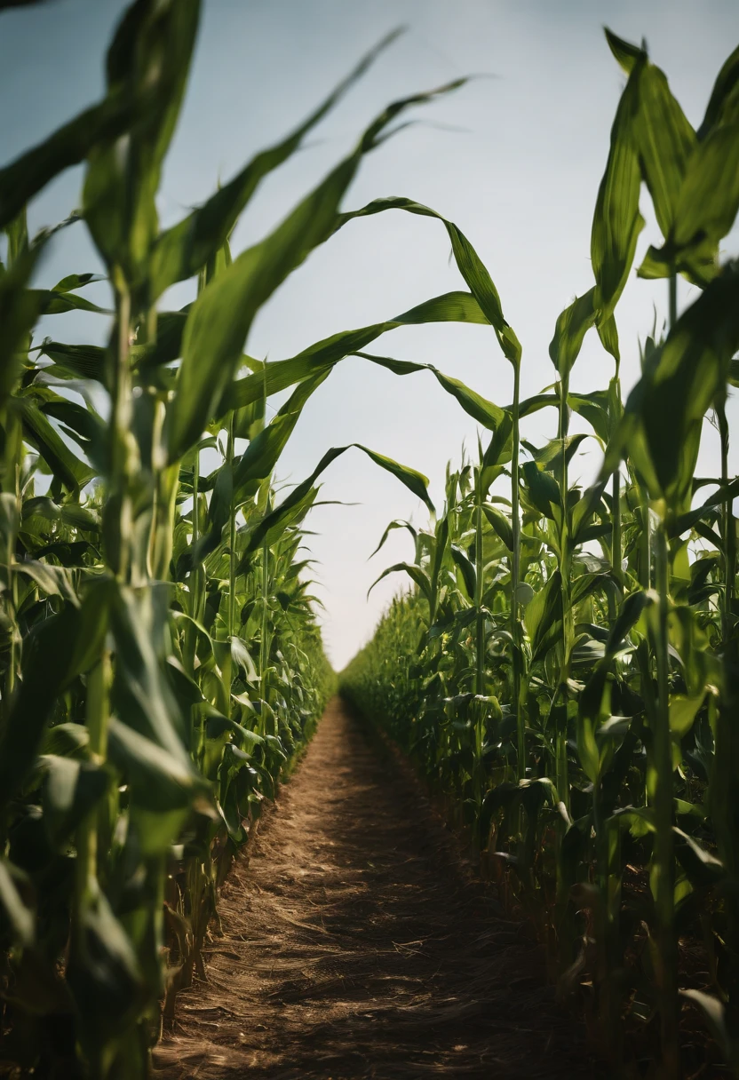 a wide-angle shot of a vast cornfield, showcasing the rows of tall, vibrant green stalks as they stretch into the distance