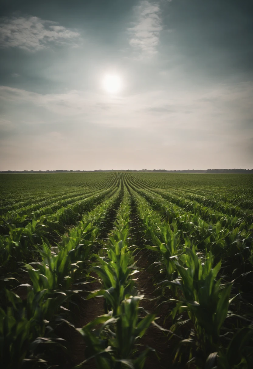 a wide-angle shot of a vast cornfield, showcasing the rows of tall, vibrant green stalks as they stretch into the distance