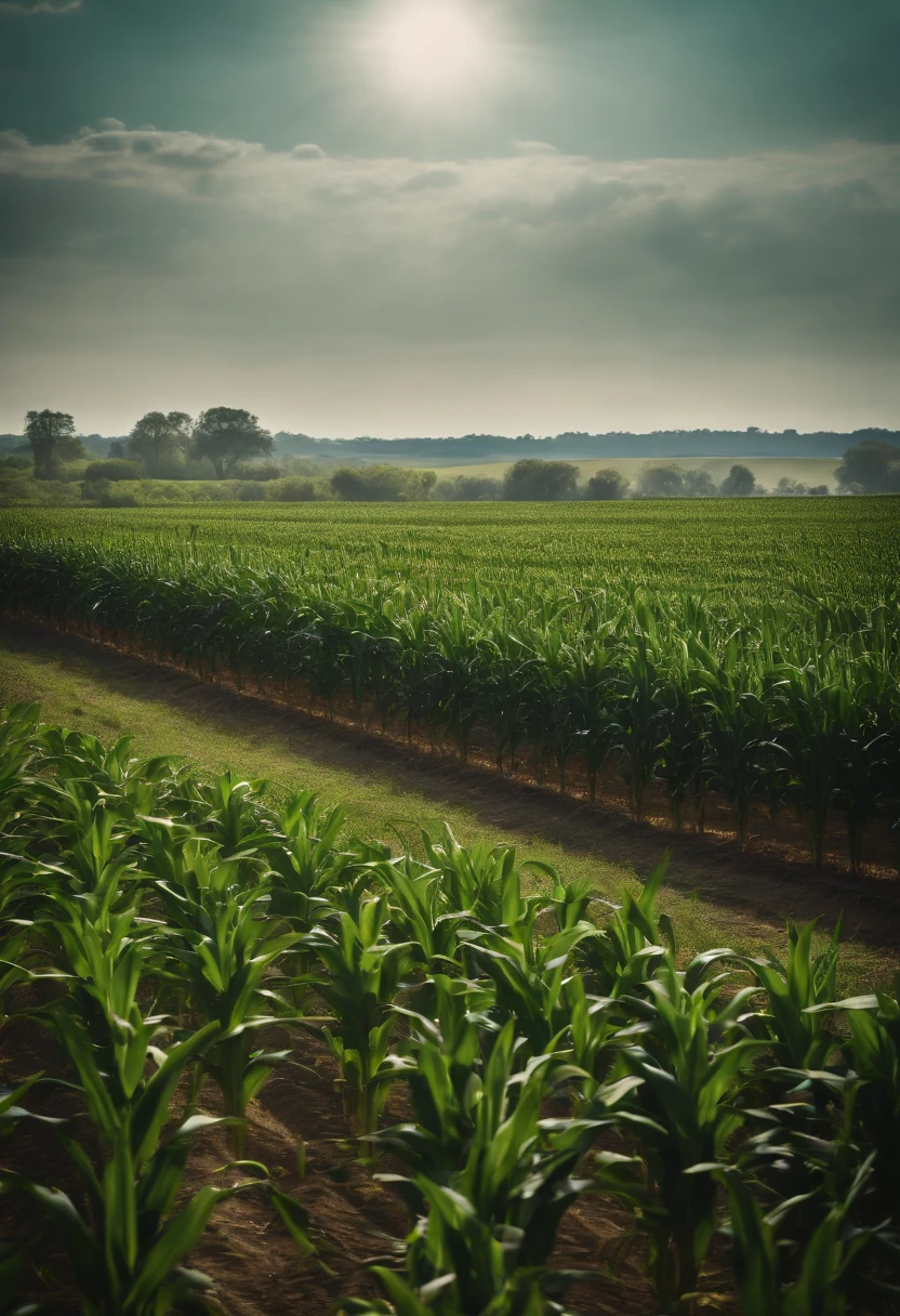 a wide-angle shot of a vast cornfield, showcasing the rows of tall, vibrant green stalks as they stretch into the distance