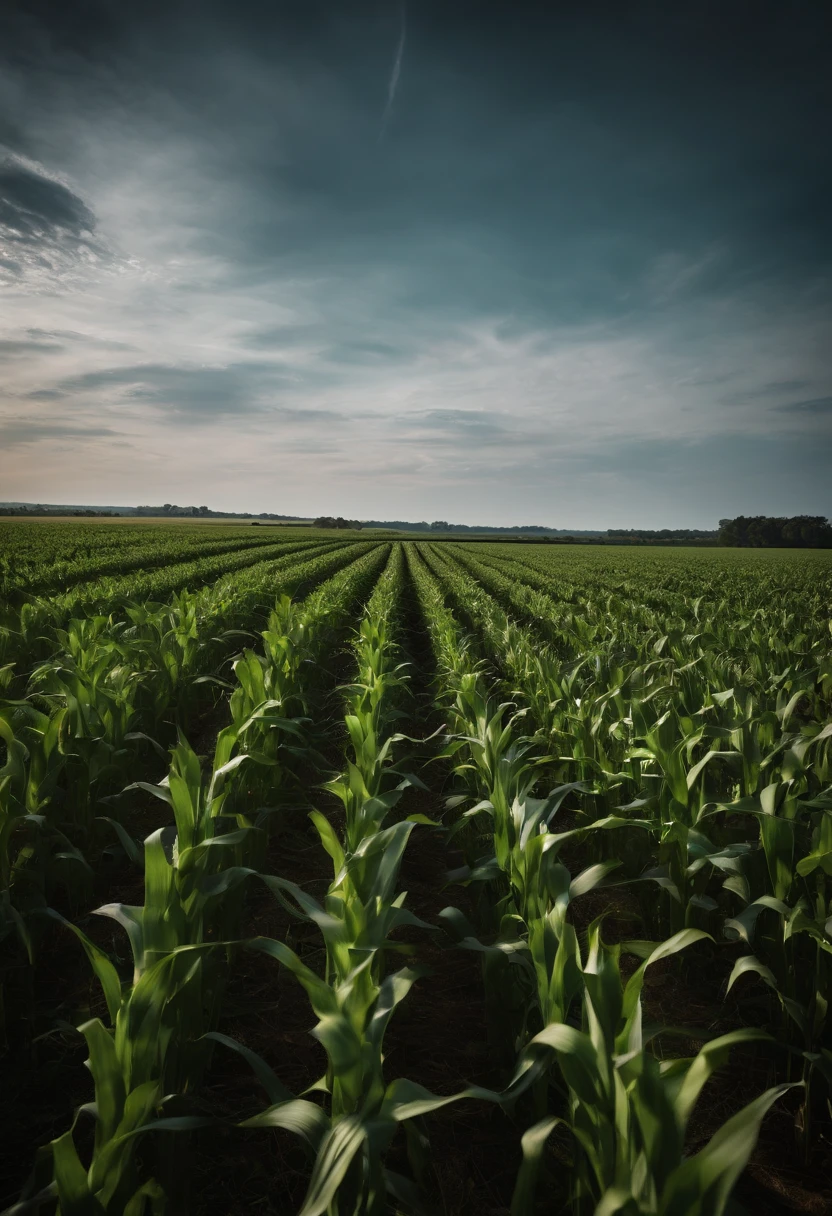a wide-angle shot of a vast cornfield, showcasing the rows of tall, vibrant green stalks as they stretch into the distance