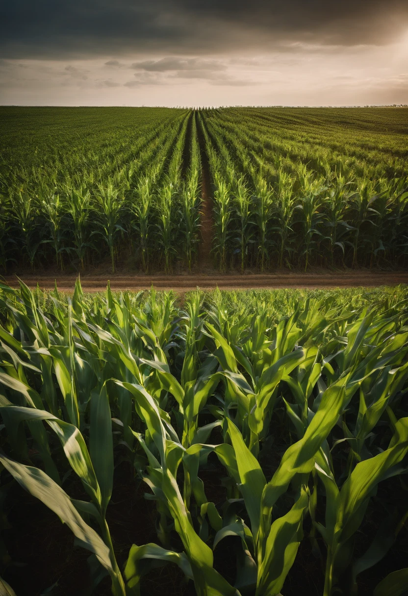 a wide-angle shot of a vast cornfield, showcasing the rows of tall, vibrant green stalks as they stretch into the distance