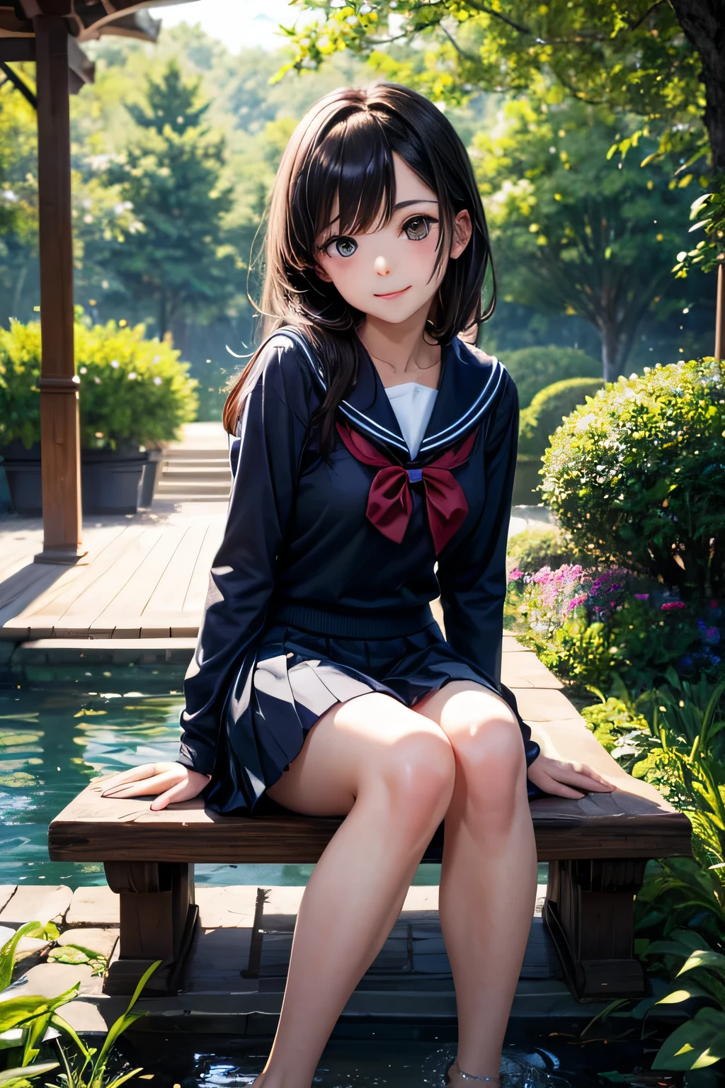 Masterpiece, Best Quality, Ultra Detailed, Illustration, Colorful, Falt Color, Depth of Field, Lens Glow, 1girl, Anime, Seated, Brown Hair, Brown Eyes, Looking at the Audience, Night, Garden, Rose, Sky Blue Hat, Witch Hat, White Short Sleeves, Sky Blue Skirt, Pleated Miniskirt, Serafuku, Detailed Skin Texture, Fine Cloth Texture, Beautiful and Meticulous Face,