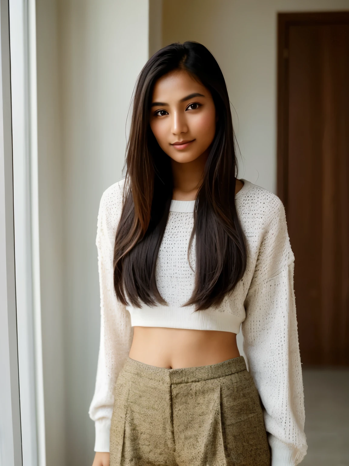 Create an image of a Nepali female model in an elegant pose. She has a wheatish skin tone, representing the common complexion found in Nepal. Her hair is long, dark brown, and fades into lighter brown towards the ends, styled in a way that elegantly frames her face. The model's pose should be graceful and confident, showcasing a blend of traditional Nepali elegance and contemporary fashion sensibilities. Her facial expression is serene and confident, with her eyes gazing softly towards the camera, conveying a sense of depth and thoughtfulness. She is wearing a modern outfit that subtly incorporates elements of traditional Nepali design, highlighting the fusion of cultures. The background is minimalistic, ensuring the focus is on her pose, facial expression, and the unique features of her appearance, such as her striking wheatish complexion and the beautiful gradation of her hair.