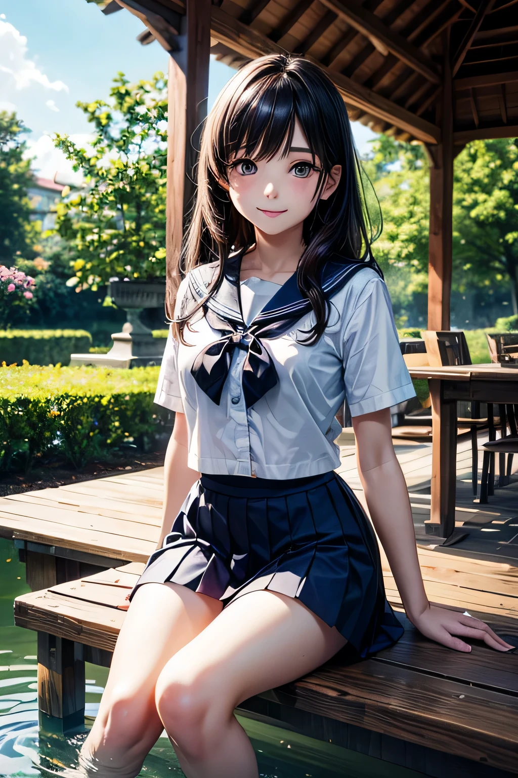 very cute and beautiful girl,(highly detailed beautiful face and eyes:1.2),
smile,black hair,sailor school uniform,pleated navy blue mini skirt,(from below),white panties,
summer,school rooftop,building,chain-link fence,
(best quality,masterpiece:1.2),intricate details,extremely detailed,highres,solo,cinematic lighting,