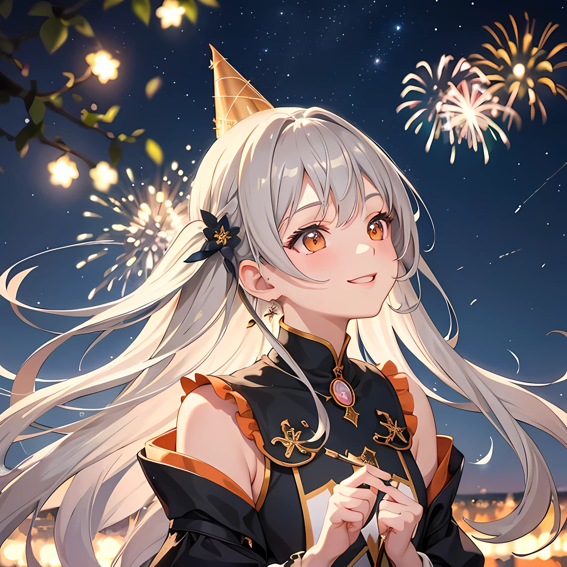 masterpiece, best quality, 1 girl, gray hair, orange eyes, outdoors, (night:1.4), fireworks in background, (upper body:1.3), (looking up at the sky), smile, new year's style, party hat