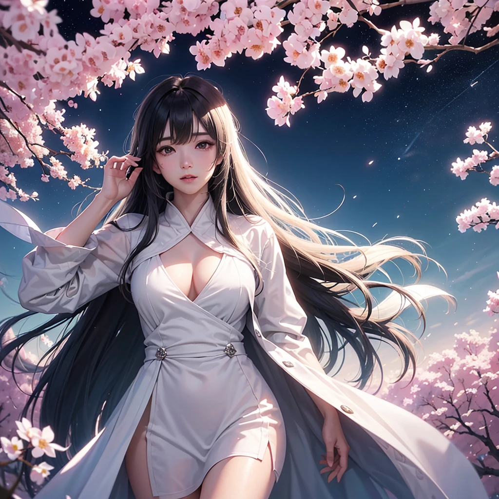 (A logo、masterpiece、8K、masutepiece、Raw photo、Fantastic、Best Quality、フォトリアリスティックでighly detailedな CG 統合 8k 壁紙、hightquality、ighly detailed、epic poem、Particle effect、Dynamic effects、depth of fields、Cinematic Light、Lens Flare、Ray tracing)、Fantasia、 (1 beautiful woman in a white coat、robe blanche、Japanese dress、A dark-haired、Beautiful face、Real Face、beautiful details eyes beautiful skin)、Hair flutters in the wind、Hair jumps、Pink cherry blossom tree、Petals flutter、Sakura blizzard、Superb view、morning glow、Sun in the background、the wind、Deities、tusk、Deities話、Vast Land、