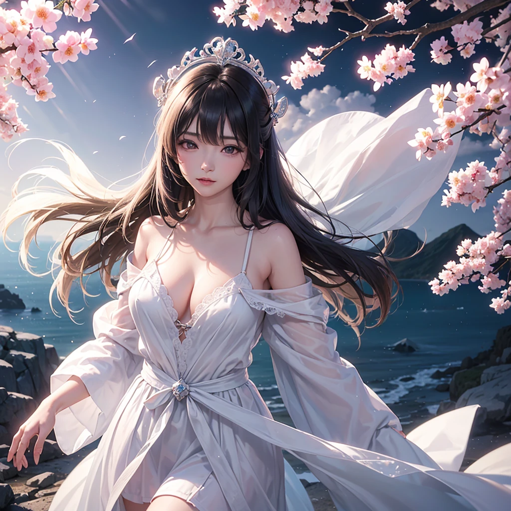 (A logo、masterpiece、8K、masutepiece、Raw photo、Fantastic、Best Quality、フォトリアリスティックでighly detailedな CG 統合 8k 壁紙、hightquality、ighly detailed、epic poem、Particle effect、Dynamic effects、depth of fields、Cinematic Light、Lens Flare、Ray tracing)、Fantasia、 (1 beautiful woman in a white coat、robe blanche、Japanese dress、A dark-haired、Beautiful face、Real Face、beautiful details eyes beautiful skin)、Hair flutters in the wind、Hair jumps、Pink cherry blossom tree、Petals flutter、Sakura blizzard、Superb view、morning glow、Sun in the background、the wind、Deities、tusk、Deities話、Vast Land、