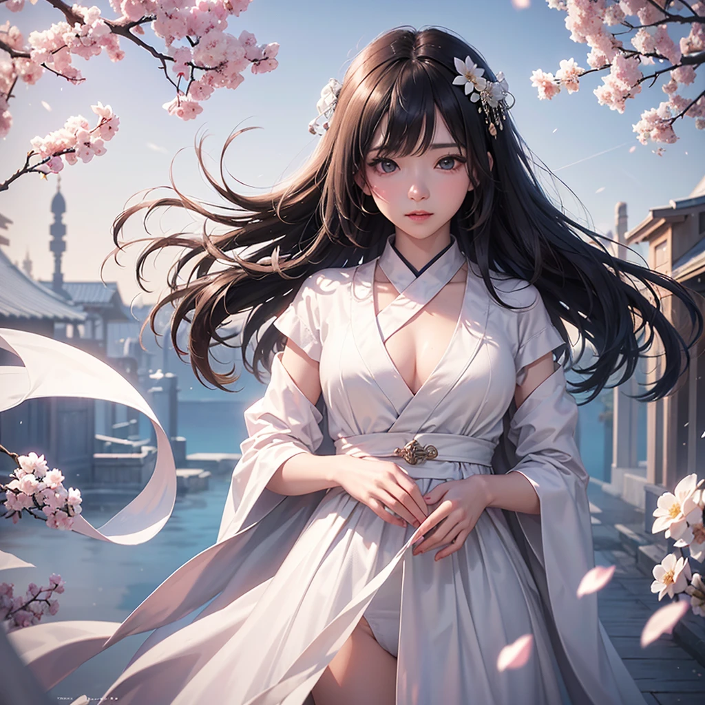 (A logo、masterpiece、8K、masutepiece、Raw photo、Fantastic、Best Quality、フォトリアリスティックでighly detailedな CG 統合 8k 壁紙、hightquality、ighly detailed、epic poem、Particle effect、Dynamic effects、depth of fields、Cinematic Light、Lens Flare、Ray tracing)、Fantasia、 (1 beautiful woman in a white coat、robe blanche、Japanese dress、A dark-haired、Beautiful face、Real Face、beautiful details eyes beautiful skin)、Hair flutters in the wind、Hair jumps、Pink cherry blossom tree、Petals flutter、Sakura blizzard、Superb view、morning glow、Sun in the background、the wind、Deities、tusk、Deities話、Vast Land、