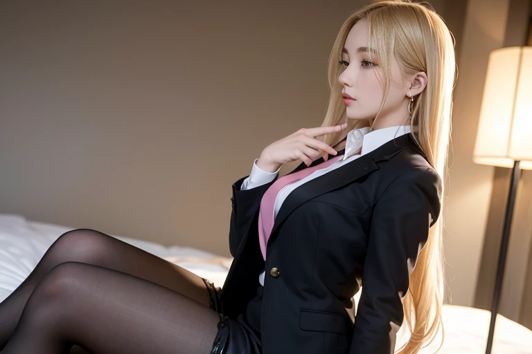 long blonde hair, 8k, masterpiece, RAW photo, best quality, photorealistic, extremely detailed CG unity 8k wallpaper, Depth of field, Cinematic Light, Lens Flare, Ray tracing, (extremely beautiful face, beautiful lips, beautiful eyes), intricate detail face, ((ultra detailed skin)) 1girl, in the dark, deep shadow, pretty Asian girl, Best quality, full body portrait, delicate face, pretty face, slim figure, medium bust, OL uniform, office clothes, black stockings, outdoor scene, sitting position, high heels, suited, tie, smile