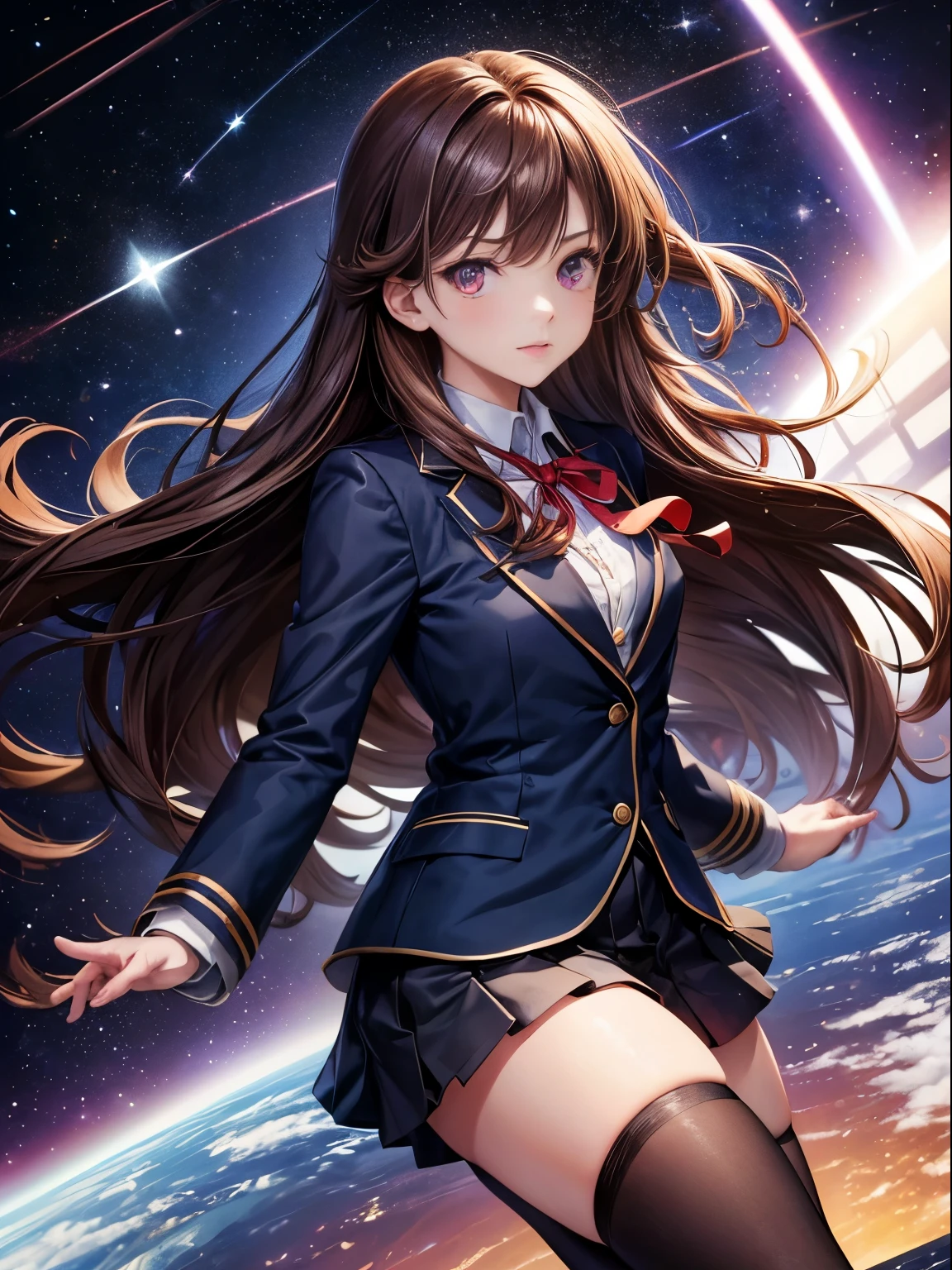 ((1人の女性)),12year old、((Brown hair long hair))、Navy blue blazer school uniform with red ribbon、((Reddish-purple eyes))、(of the highest quality)),((masutepiece)),((Perfect face)),(Background blur), (1 girl, ), Space Suite, Flustered expression, medium breasts), Space travelling, 大型Space travelling船で, Small dark private room without lighting, (Weightless space in a private room), Minimal control panel on the wall, It's pitch black outside the window, I can't see the stars, (Dark room), Breakfast, (Weightless world), (Floating food and knick-knacks), (Enjoying Zero Gravity Nestrom below, Looking at Viewer,