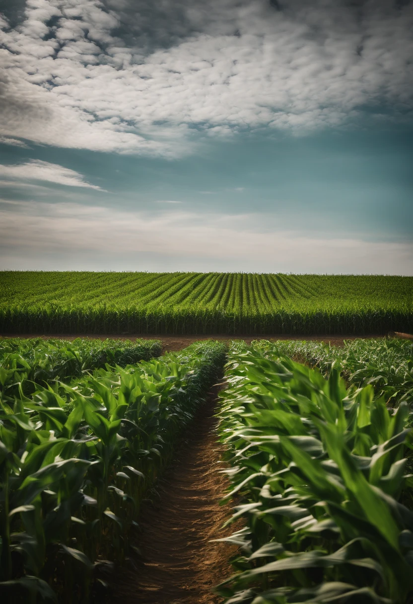 a wide-angle shot of a vast cornfield, showcasing the rows of tall, vibrant green stalks as they stretch into the distance