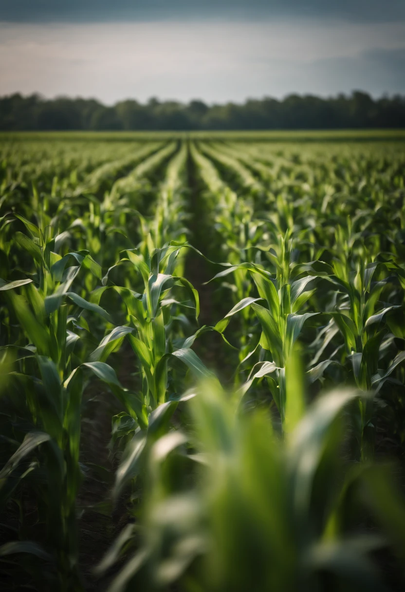 a wide-angle shot of a vast cornfield, showcasing the rows of tall, vibrant green stalks as they stretch into the distance