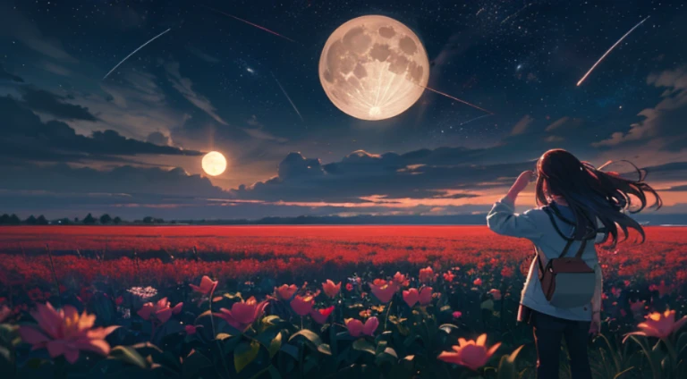 ((Best Quality)), ((Masterpiece)), expansive landscape photograph, (From below, Sky above and open fields below), a girl standing on a flower field looking up, (full moon: 1.2), (meteor: 0.9), (nebulous: 1.3), Far Mountain, TREE BREAK ART, (warm light source: 1.2), (Firefly: 1.2), lamps, Lots of purple and orange, delicate detail, Volumetric lighting, Realism BREAK (Masterpiece: 1.2), (Best Quality), 4k, Ultra-detailed, (Dynamic composition: 1.4), Very detailed, abundant detail, (Iridescent colors: 1.2), (Glow, Atmospheric lighting), Dreamy, Magical, (Solo: 1.2), Depth of field, Maximum Sharpness and Sharpness, proporções perfeitas,