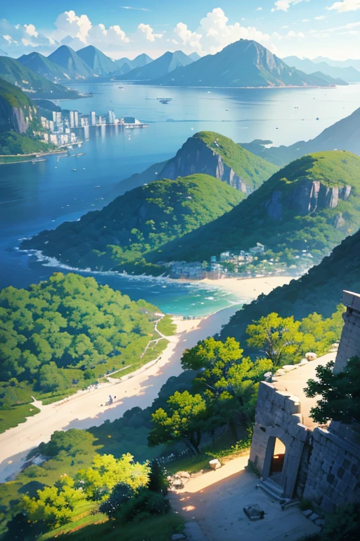 Close-up of an island，There is a boat in the water, Rio de Janeiro in an animated film, beautiful anime scenes, Anime beautiful peaceful scene, 美丽的Anime landscapes, Anime landscapes, Anime landscapes概念艺术, 色彩缤纷的anime movie backgrounds, Anime countryside landscape, Xinhai sincerely. —h 2160, studio glibly makoto shinkai, anime movie backgrounds