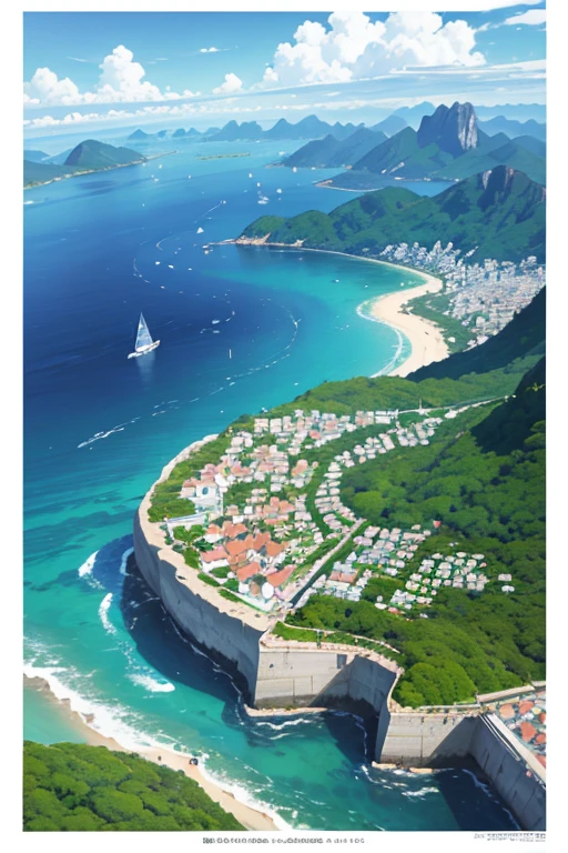 Close-up of an island,There is a boat in the water, Rio de Janeiro in an animated film, beautiful anime scenes, Anime beautiful peaceful scene, 美丽的Anime landscapes, Anime landscapes, Anime landscapes概念艺术, 色彩缤纷的anime movie backgrounds, Anime countryside landscape, Xinhai sincerely. —h 2160, studio glibly makoto shinkai, anime movie backgrounds