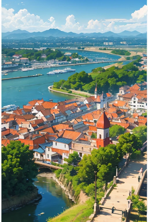 There is a small bridge across the river in the town, Bustling magic town, Downtown background, beautiful anime scenes, Small town background, town in background, beautiful anime scenery, Anime beautiful peaceful scene, Anime landscapes, Anime landscapes概念艺术, Anime countryside landscape, Anime background art, medeival fantasy town, Renaissance port city background, anime scene