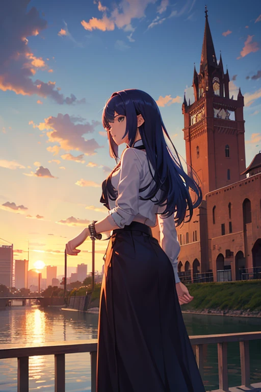 There is a small bridge across the river in the town, Bustling magic town, Downtown background, beautiful anime scenes, Small town background, town in background, beautiful anime scenery, Anime beautiful peaceful scene, Anime landscapes, Anime landscapes概念艺术, Anime countryside landscape, Anime background art, medeival fantasy town, Renaissance port city background, anime scene