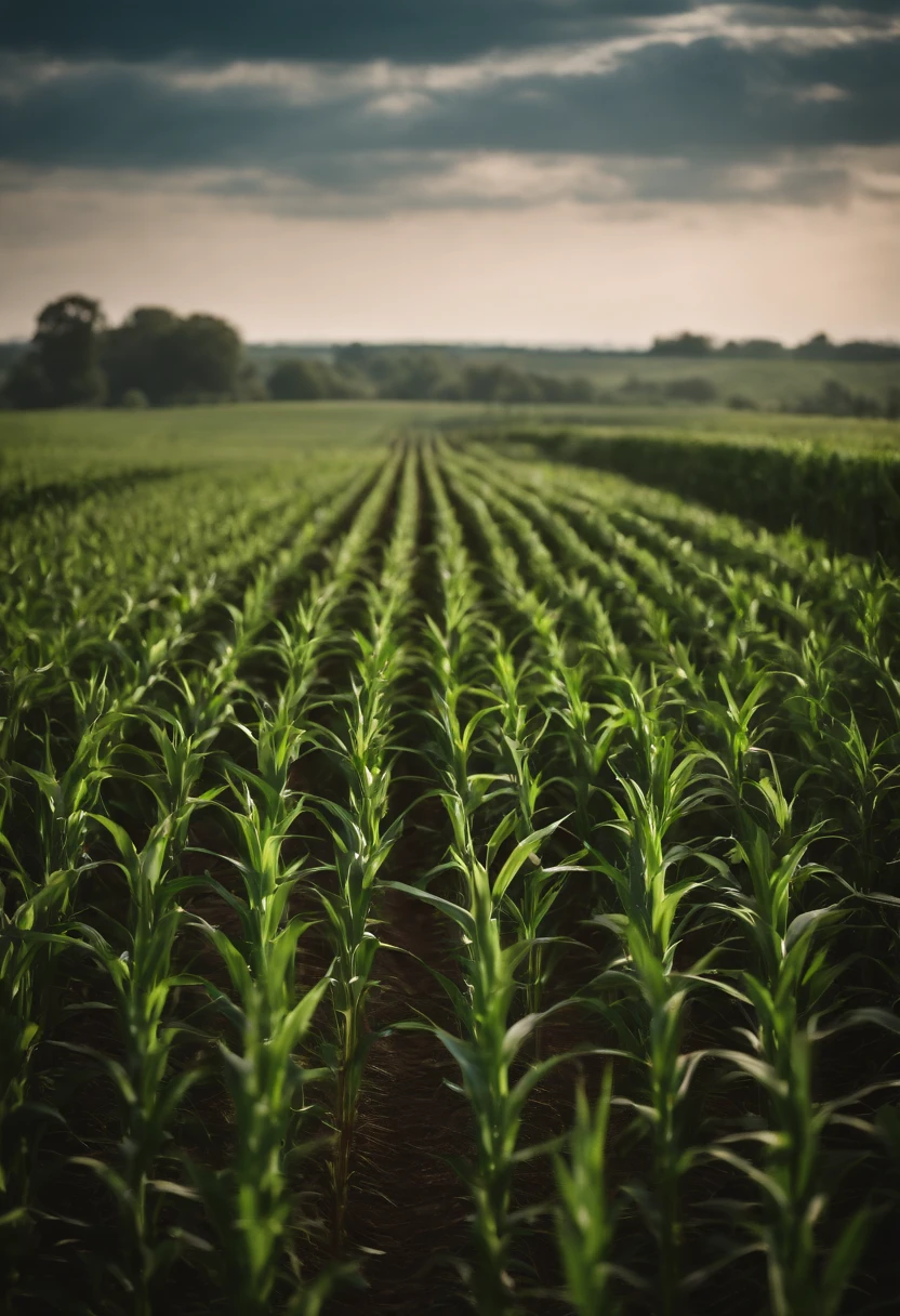 a wide-angle shot of a vast cornfield, showcasing the rows of tall, vibrant green stalks as they stretch into the distance
