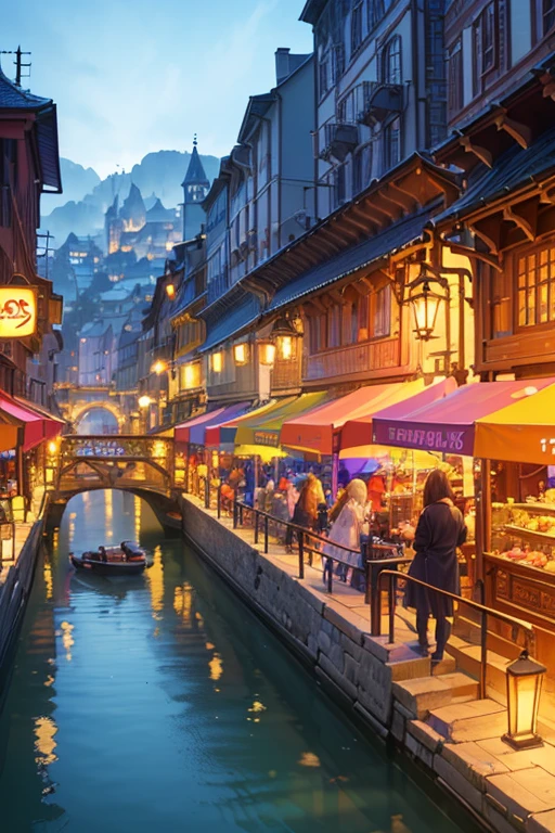 (best quality,4k,8k,highres,masterpiece:1.2),ultra-detailed,(realistic,photorealistic,photo-realistic:1.37),colorful, vibrant colors, luminous lighting, picturesque small town, magical atmosphere, bustling market, charming architecture, fantasy element, enchanting scenery, mystical bridge over the river, vibrant manga-style street.