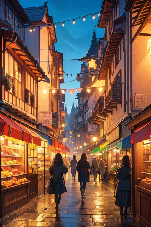 (best quality,4k,8k,highres,masterpiece:1.2),ultra-detailed,(realistic,photorealistic,photo-realistic:1.37),colorful, vibrant colors, luminous lighting, picturesque small town, magical atmosphere, bustling market, charming architecture, fantasy element, enchanting scenery, mystical bridge over the river, vibrant manga-style street.