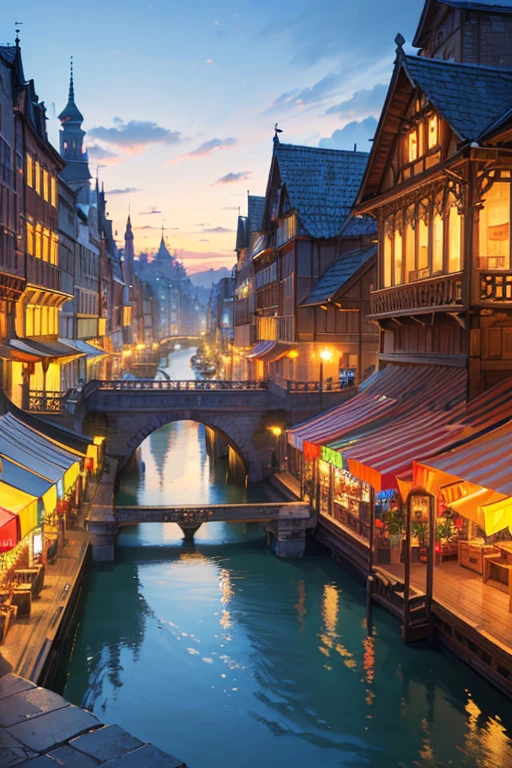 (best quality,4k,8k,highres,masterpiece:1.2),ultra-detailed,(realistic,photorealistic,photo-realistic:1.37),colorful, vibrant colors, luminous lighting, picturesque small town, magical atmosphere, bustling market, charming architecture, fantasy element, enchanting scenery, mystical bridge over the river, vibrant manga-style street.