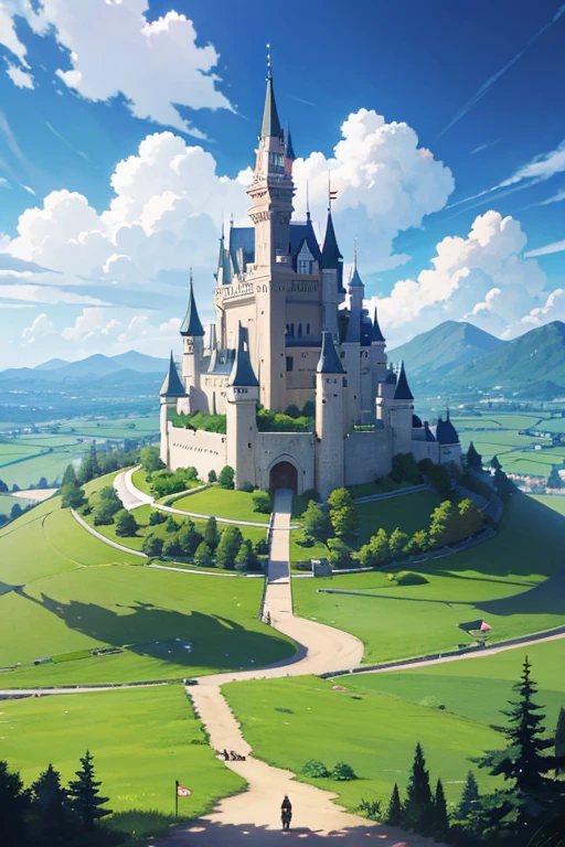 There is a picture of the castle，There is a flag on it, Anime countryside landscape, distant village background, arte de fundo, anime backgrounds艺术, Studio Ghibli Sunshine, Anime landscapes, anime backgrounds, beautiful anime scenery, Ghibli Studio Environment, Anime landscapes概念艺术, Anime landscapes, anime movie backgrounds, Detailed landscapes, Detailed view – width 672, anime scene