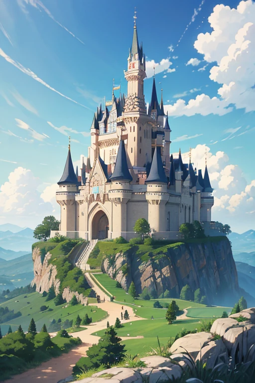 There is a picture of the castle,There is a flag on it, Anime countryside landscape, distant village background, arte de fundo, anime backgrounds艺术, Studio Ghibli Sunshine, Anime landscapes, anime backgrounds, beautiful anime scenery, Ghibli Studio Environment, Anime landscapes概念艺术, Anime landscapes, anime movie backgrounds, Detailed landscapes, Detailed view – width 672, anime scene