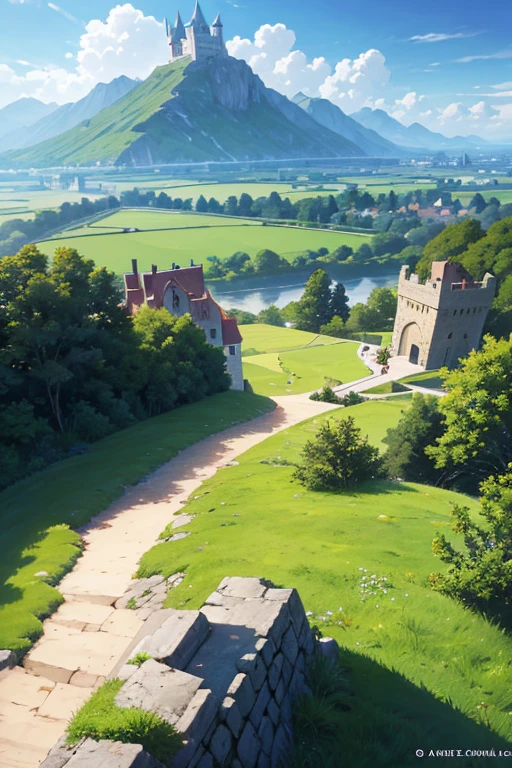 There is a picture of the castle，There is a flag on it, Anime countryside landscape, distant village background, arte de fundo, anime backgrounds艺术, Studio Ghibli Sunshine, Anime landscapes, anime backgrounds, beautiful anime scenery, Ghibli Studio Environment, Anime landscapes概念艺术, Anime landscapes, anime movie backgrounds, Detailed landscapes, Detailed view – width 672, anime scene