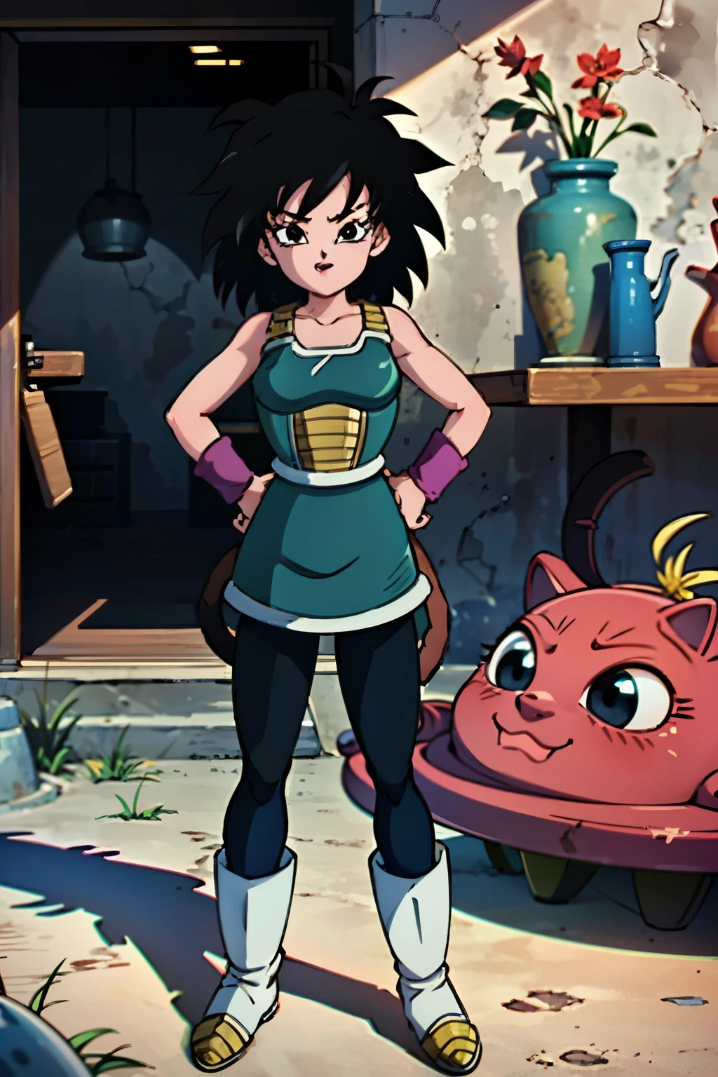 ((extremely detailed CG unity 4k wallpaper)),(masterpiece),(ultra quality),(ultra-detailed),(best illustration),(best shadow),(Extremely Detailed),(absurdres),(detailed background), Gine, 1girl, tail, solo, black hair, monkey tail, black eyes, saiyan armor, black armor brown shoulder pads on top body black panties, black and white boots, grin, looking at the viewer, black bracelets, front body, saiyan boots, full body, standing, fists on hips, legs appart