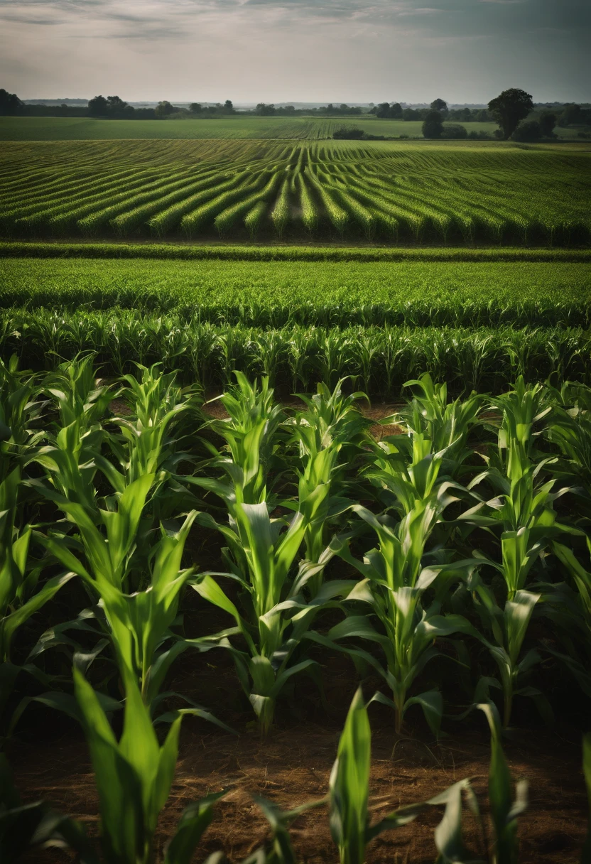 a wide-angle shot of a vast cornfield, showcasing the rows of tall, vibrant green stalks as they stretch into the distance