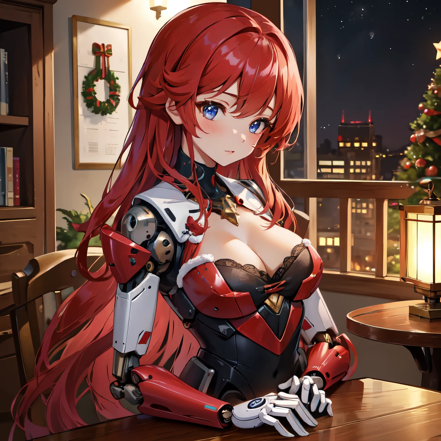 best quality, masterpiece, wooden table, 1robot_girl, (mechanical body parts:1.2), robotic arms, robotic body, aristocratic dress, chest portrait, (close-up:0.8), christmas atmosphere, christmas night, hyperdetailed, intricate details, trending on Pixiv, 4k,