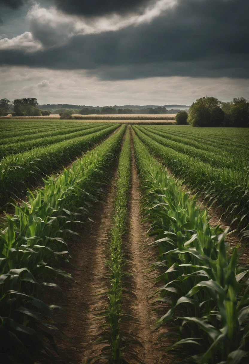 a wide-angle shot of a vast cornfield, showcasing the rows of tall, vibrant green stalks as they stretch into the distance