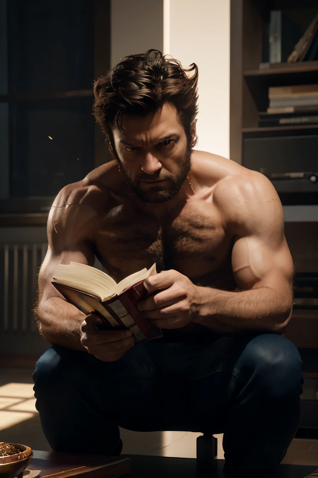 Marvel's Wolverine holding and reading a book, 3d render cinematography, professional lighting,hyper realistic,High-Resolution,4K,8K,masterpiece:1.2,physically-based rendering,HDR,Ultra HD,fine details,vivid colors,sharp focus