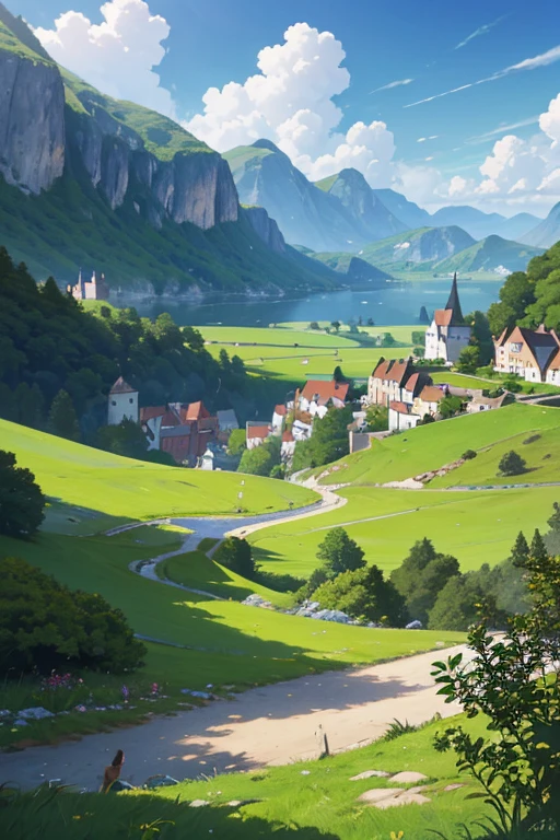 (best quality,4k,highres),ultra-detailed,realistic,animation,countryside,village background,lush greenery,picturesque,castle,cartoonish art style,countryside scenery,remote village,fantasy world,Ghibli studio sunlight,colorful,beautifully detailed,cartoon background art,Ghibli studio environment,scenic concept art,anime movie background,flag flying on the castle,wide-angle view,672 width