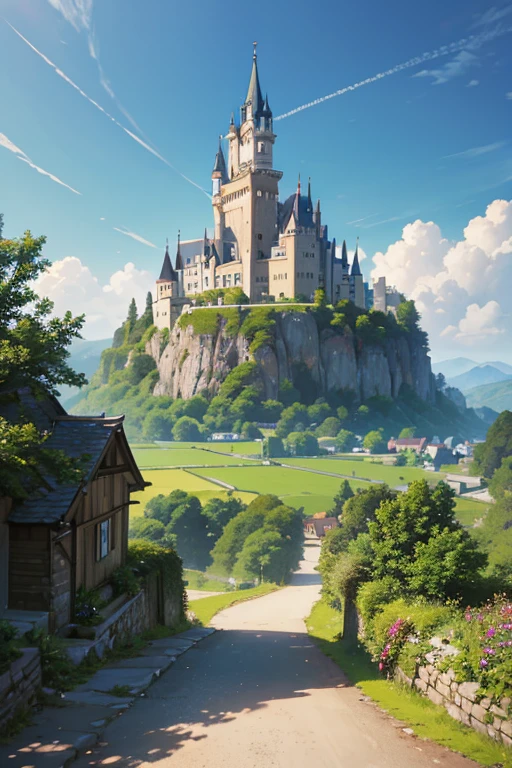 (best quality,4k,highres),ultra-detailed,realistic,animation,countryside,village background,lush greenery,picturesque,castle,cartoonish art style,countryside scenery,remote village,fantasy world,Ghibli studio sunlight,colorful,beautifully detailed,cartoon background art,Ghibli studio environment,scenic concept art,anime movie background,flag flying on the castle,wide-angle view,672 width