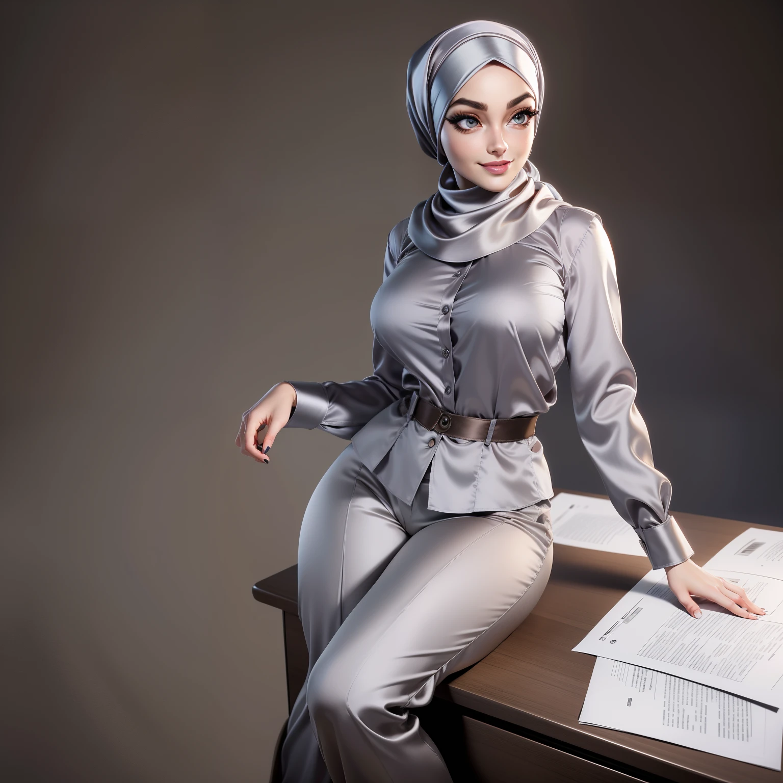 Masterpiece, realistic, best quality, best lighting, 1 girl photo solo, MILF, Muscular, beautifully makeup, eyeshadow, Parted Lips, Detailed Eyes, beautiful big eyes, long eye lashes, smile, wearing ((gray satin headscarf)), loosely tide hijab style, ((brown satin shirt)), satin long pants, office attire, sitting on desk, office, full body, front view