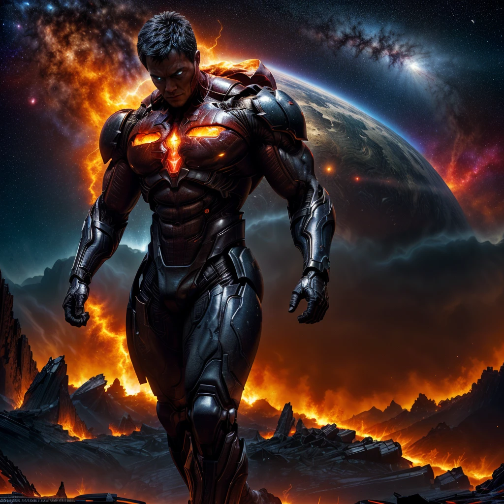 Omni-Man hovers in the vast emptiness of space, his imposing figure silhouetted against the remnants of a shattered planet. Fiery debris and dust particles swirl around him, remnants of the catastrophic destruction he unleashed. His crimson eyes, cold and indifferent, reflect the inferno he wrought upon the once vibrant world. The charred remains of continents and oceans sprawl beneath him, a haunting testimony to his overwhelming power. Omni-Man's stoic expression betrays no emotion as he surveys the desolation, a cosmic conqueror indifferent to the cosmic graveyard he now commands.