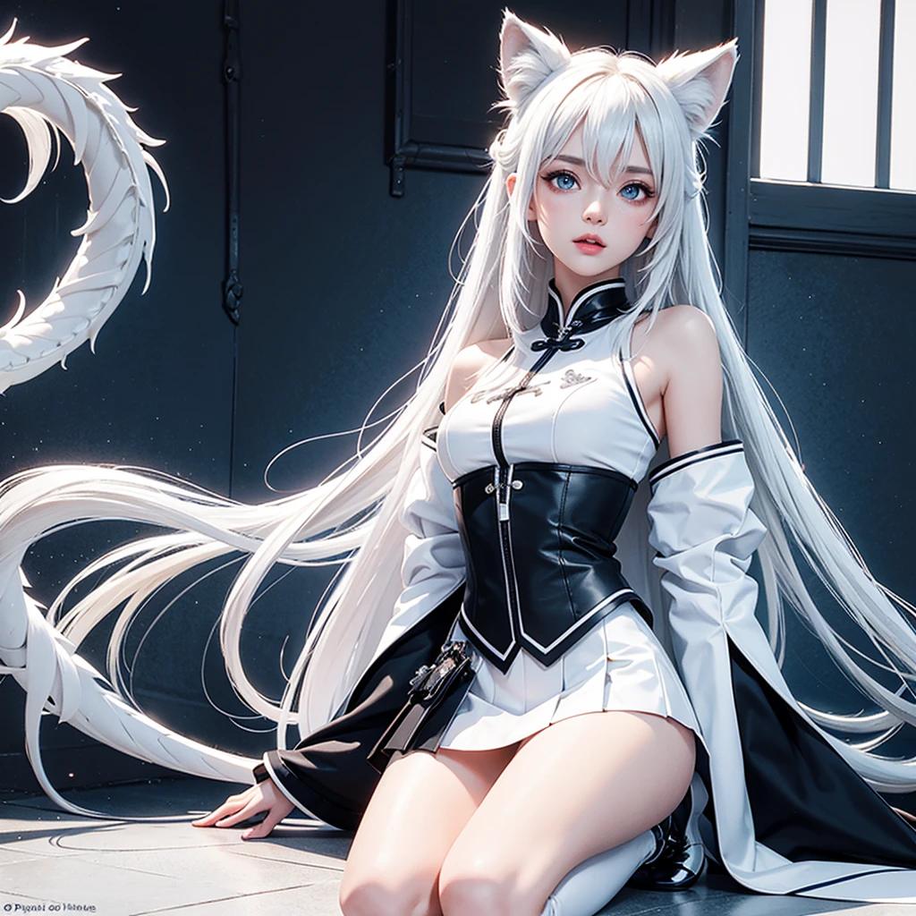 8k, resolution, high quality, high resolution, best quality, best resolution, absurd resolution, ray tracing, high detailed, masterpiece, extremely detailed,shoulder length white hair, female,white 2 wolf ears, teenage girl, slim body, white scale dragon tail,black boots,black leggings, school skirt, white jacket, medium size chest, detailed blue eyes, detailed beautiful face,solo female,1 dragon tail, detailed eyes