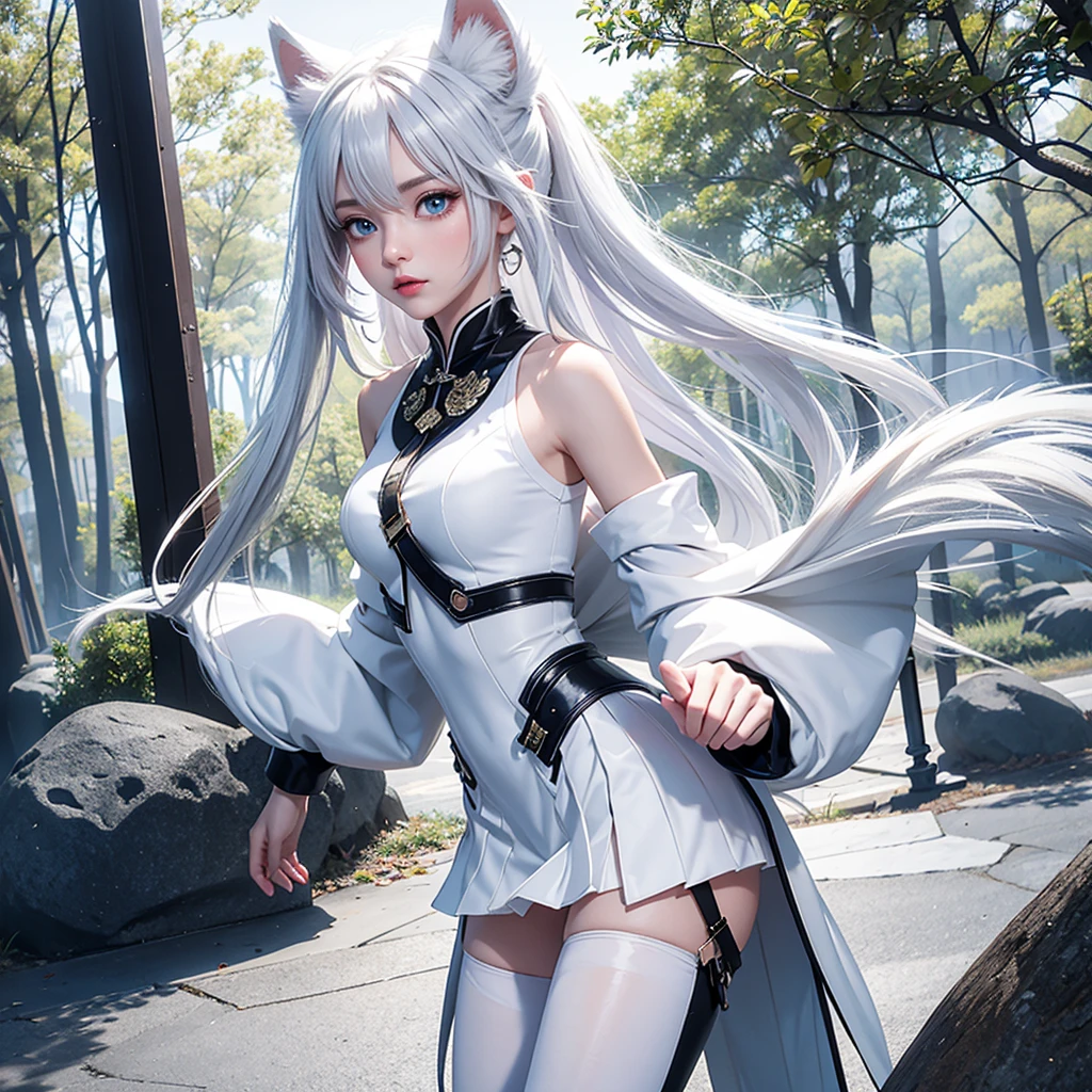 8k, resolution, high quality, high resolution, best quality, best resolution, absurd resolution, ray tracing, high detailed, masterpiece, extremely detailed,shoulder length white hair, female,white 2 wolf ears, teenage girl, slim body, white scale dragon tail,black boots,black leggings, school skirt, white jacket, medium size chest, detailed blue eyes, detailed beautiful face,solo female,1 dragon tail, detailed eyes